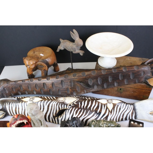 451 - Mixed Lot including Alabaster Footed Bowl, 19th century Writing Slope, Carved Wooden African Animals... 