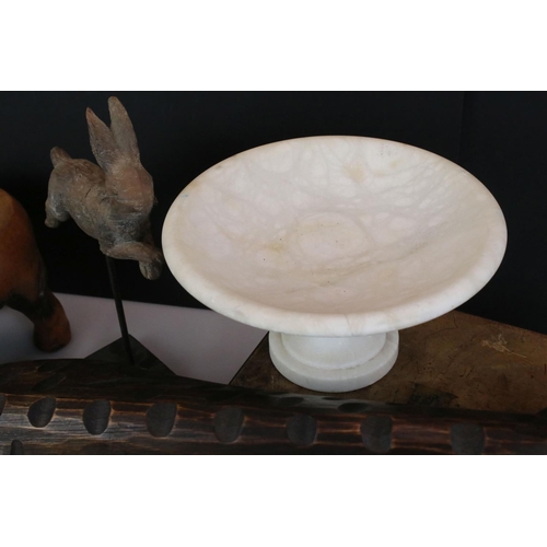 451 - Mixed Lot including Alabaster Footed Bowl, 19th century Writing Slope, Carved Wooden African Animals... 