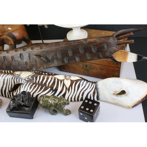 451 - Mixed Lot including Alabaster Footed Bowl, 19th century Writing Slope, Carved Wooden African Animals... 