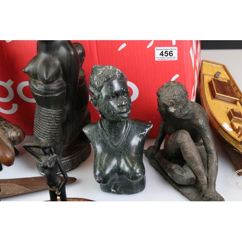 456 - Collection of mainly Ethnic Carved Figures including Wooden and Stone plus Two Aboriginal Boomerangs... 