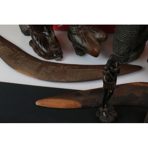 456 - Collection of mainly Ethnic Carved Figures including Wooden and Stone plus Two Aboriginal Boomerangs... 