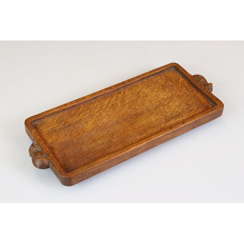 15 - Robert ' Mouseman ' Thompson, Oak Cheese Tray carved with two mice to ends, 35.5cm long