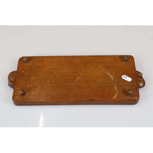 15 - Robert ' Mouseman ' Thompson, Oak Cheese Tray carved with two mice to ends, 35.5cm long