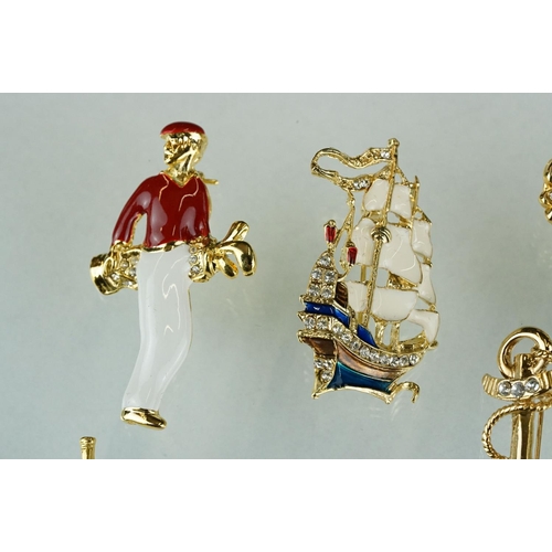 236 - Eight Costume Jewellery Brooches including Enamelled Two Golfers, Dog and Sailing Ship plus Anchor, ... 