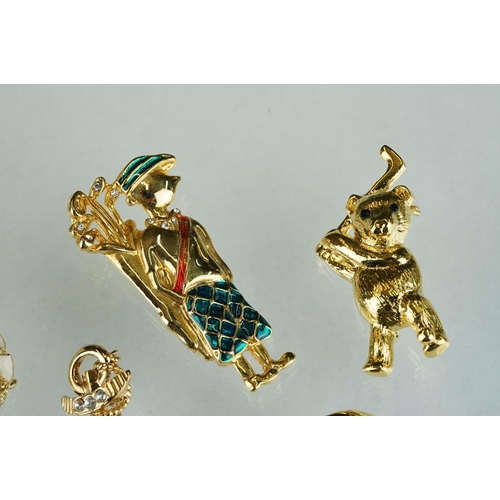 236 - Eight Costume Jewellery Brooches including Enamelled Two Golfers, Dog and Sailing Ship plus Anchor, ... 