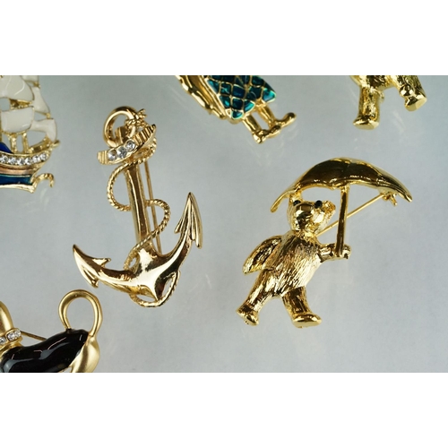 236 - Eight Costume Jewellery Brooches including Enamelled Two Golfers, Dog and Sailing Ship plus Anchor, ... 