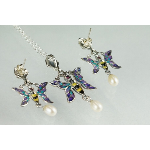 242 - Pair of silver and plique-a-jour earrings with pearl drops & matching pendant