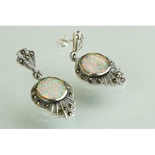 245 - Pair of silver, marcasite & opal Art Deco style earrings