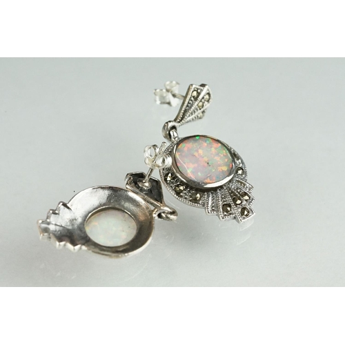 245 - Pair of silver, marcasite & opal Art Deco style earrings