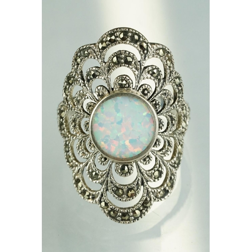 248 - Large silver ring with marcasite and opal set central panel