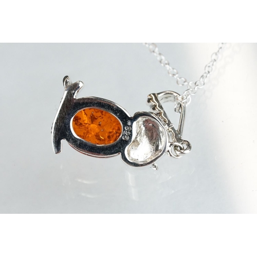 250 - Silver and amber owl pendant necklace