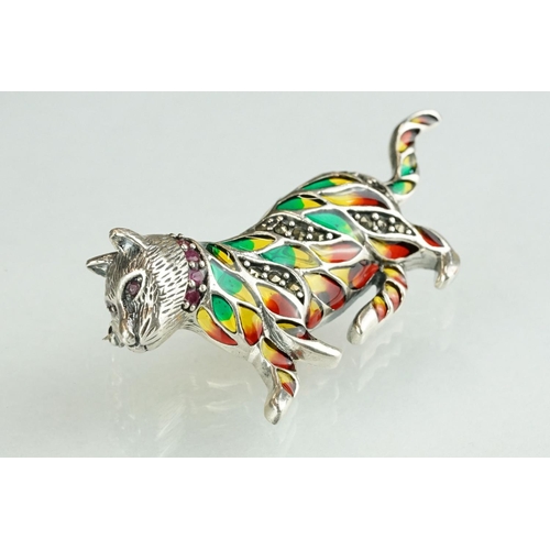 252 - Silver and plique-a-jour cat brooch with ruby eyes