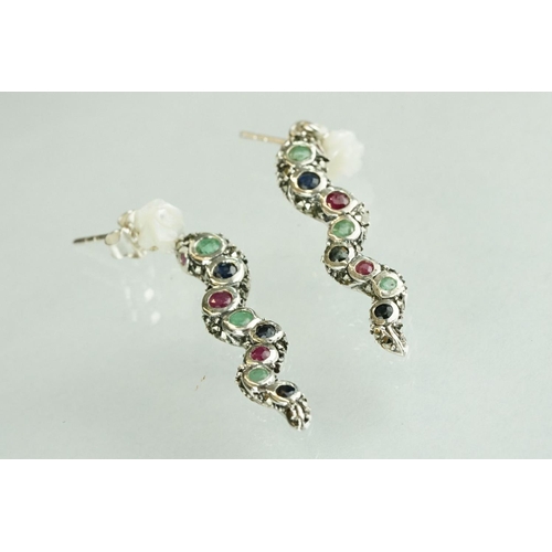 257 - Pair of silver drop earrings set with sapphire, emerald and rubies