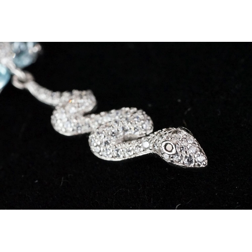 265 - Silver, aquamarine and CZ snake pendant necklace