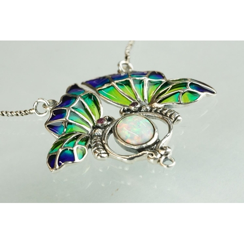 269 - Silver plique-a-jour butterfly necklace with central opal panel and pearl drop