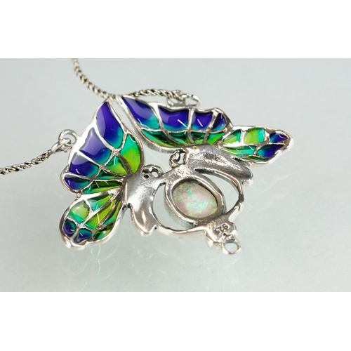 269 - Silver plique-a-jour butterfly necklace with central opal panel and pearl drop