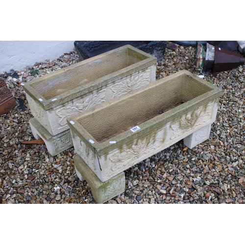 557 - Pair of Sandford Stone ' Oak Leaf ' design Rectangular Garden Planters on Stands, 71cm long x  27cm ... 