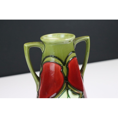 12 - Minton Secessionist Red and Green Glazed Twin Handled Vase, marked No. 12 to base, 21cm high