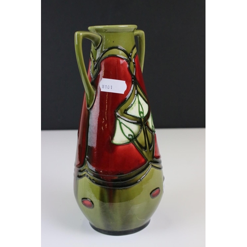 12 - Minton Secessionist Red and Green Glazed Twin Handled Vase, marked No. 12 to base, 21cm high