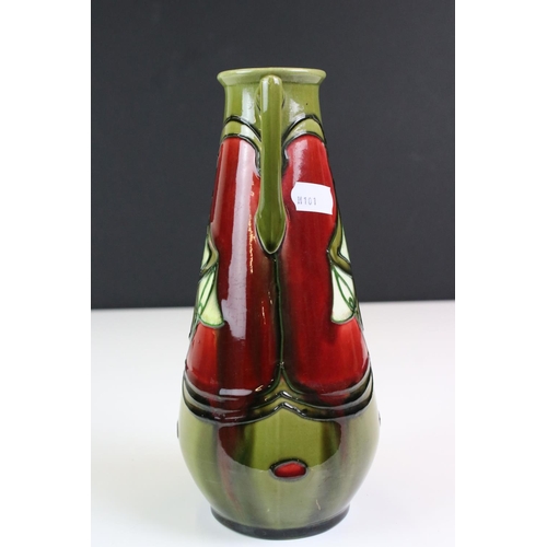 12 - Minton Secessionist Red and Green Glazed Twin Handled Vase, marked No. 12 to base, 21cm high