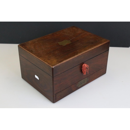 187 - 19th Century mahogany vanity box, the interior having fitted compartments containing glass bottles a... 