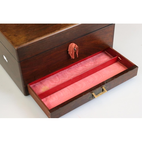 187 - 19th Century mahogany vanity box, the interior having fitted compartments containing glass bottles a... 