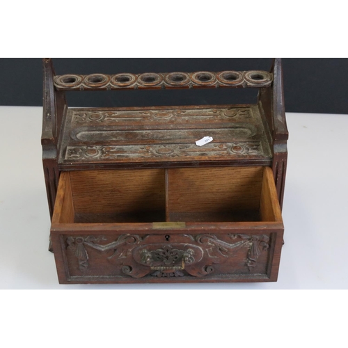 189 - 19th Century carved oak table top smokers cabinet, with relief carved gothic decoration with carved ... 