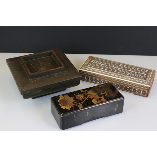 405 - Japanese Square Lidded Lacquered Box, 24cm wide together with another Lacquered Box and an Anglo Ind... 