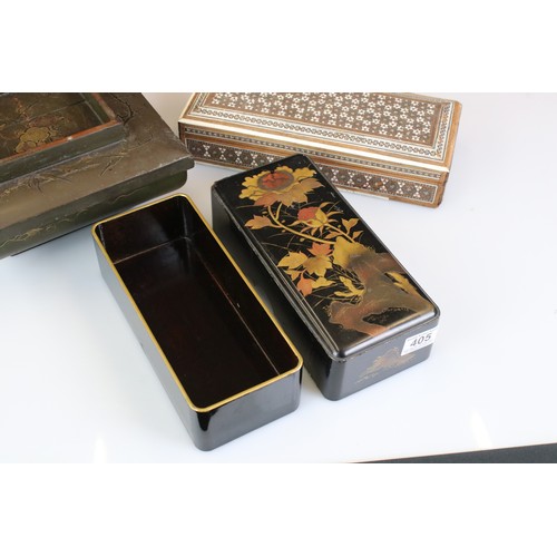 405 - Japanese Square Lidded Lacquered Box, 24cm wide together with another Lacquered Box and an Anglo Ind... 