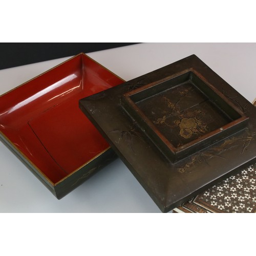 405 - Japanese Square Lidded Lacquered Box, 24cm wide together with another Lacquered Box and an Anglo Ind... 