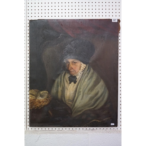 528 - 19th century Oil Painting Head and Shoulders Portrait of an Old Woman with a basket of shells and a ... 