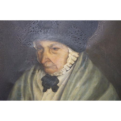 528 - 19th century Oil Painting Head and Shoulders Portrait of an Old Woman with a basket of shells and a ... 