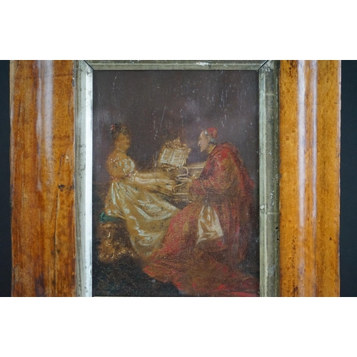 547 - Oil painting of a Cardinal and lady on a piano, 13cm x 18cm, framed and glazed