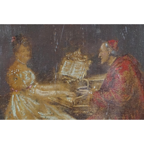 547 - Oil painting of a Cardinal and lady on a piano, 13cm x 18cm, framed and glazed