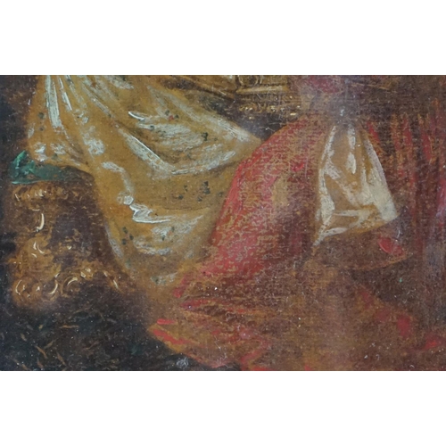 547 - Oil painting of a Cardinal and lady on a piano, 13cm x 18cm, framed and glazed