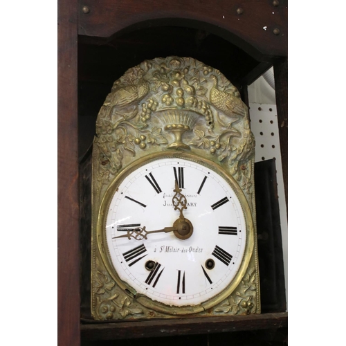 567 - 19th century French Oak Longcase Clock, eight day, the brass repousse arched face with a white dial ... 