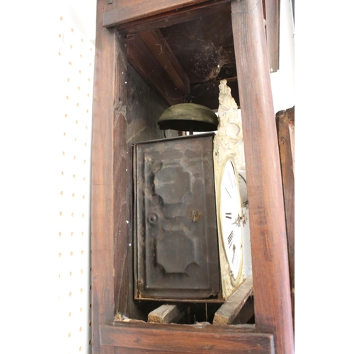 567 - 19th century French Oak Longcase Clock, eight day, the brass repousse arched face with a white dial ... 