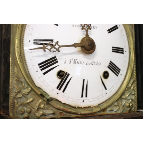 567 - 19th century French Oak Longcase Clock, eight day, the brass repousse arched face with a white dial ... 