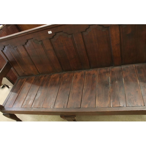 574 - 18th / 19th century Oak Hall Bench with five panel to back, open arms, solid seat, raised on three s... 