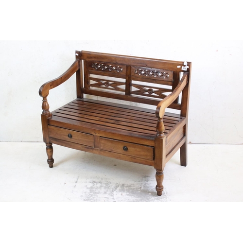 576 - Hardwood Hall Bench with open arms, the slatted seat with two drawers below, 100cm long x 56cm deep ... 