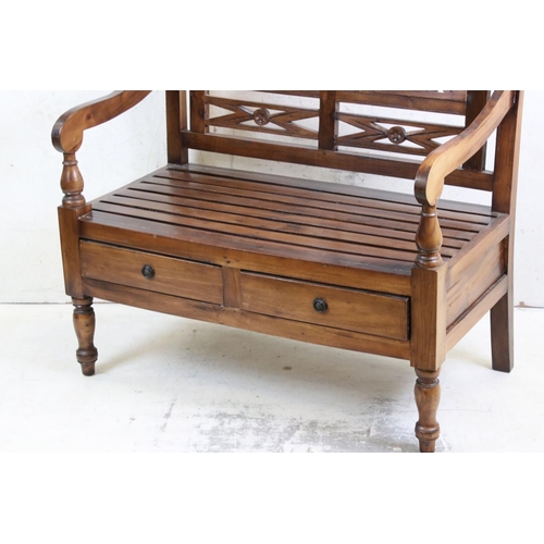 576 - Hardwood Hall Bench with open arms, the slatted seat with two drawers below, 100cm long x 56cm deep ... 