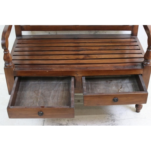 576 - Hardwood Hall Bench with open arms, the slatted seat with two drawers below, 100cm long x 56cm deep ... 