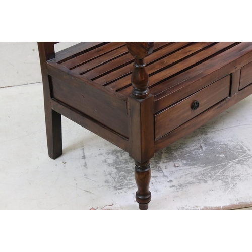 576 - Hardwood Hall Bench with open arms, the slatted seat with two drawers below, 100cm long x 56cm deep ... 