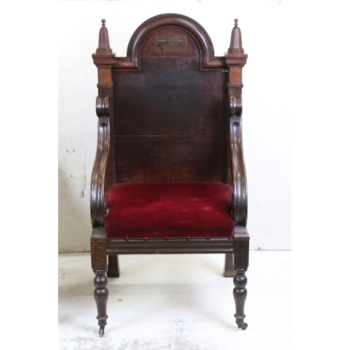 577 - Pair of Early 20th century Oak Throne type Chairs, with solid back, open scrolling arms and upholste... 