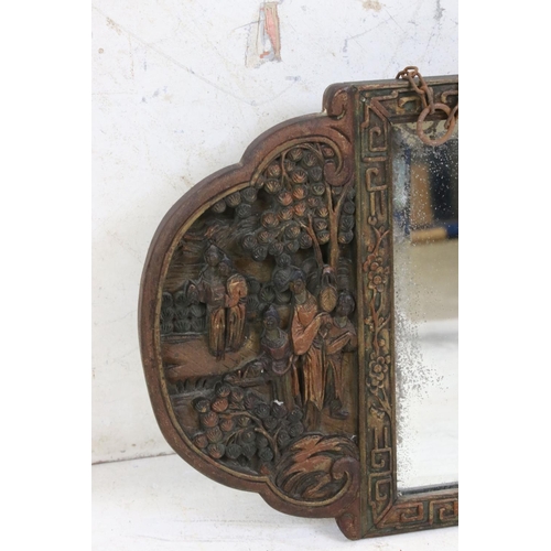 580 - 1920's / 30's Wooden Wall Mirror, carved in the chinese manner with relief scenes of figures to eith... 