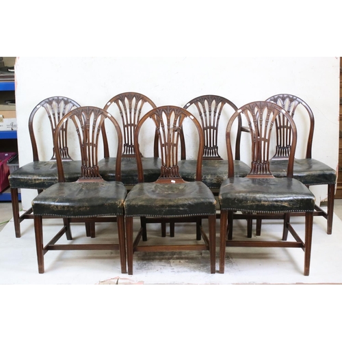 587 - Set of Seven 19th century Mahogany Dining Chairs in the Hepplewhite manner, with brass studded green... 