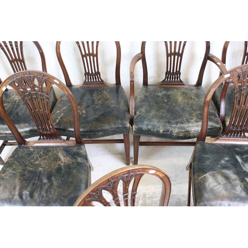 587 - Set of Seven 19th century Mahogany Dining Chairs in the Hepplewhite manner, with brass studded green... 