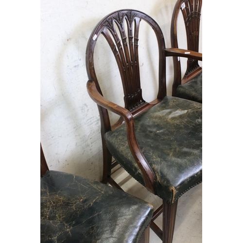 587 - Set of Seven 19th century Mahogany Dining Chairs in the Hepplewhite manner, with brass studded green... 