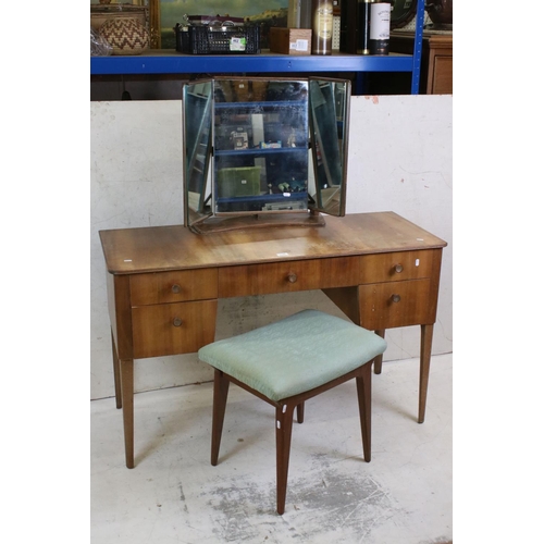 596 - Gordon Russell of Broadway, Mid century Walnut Dressing Table with triptych mirror, 122cm long x 132... 