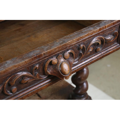 601 - Victorian Oak Three Two Tier Buffet, with two heavily carved drawers and barley twist supports, 115c... 